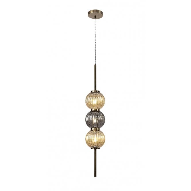 BEADED antique brass ceiling pendant with amber and smoked ribbed glass globe shades