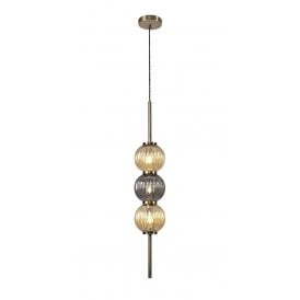 BEADED antique brass ceiling pendant with amber and smoked ribbed glass globe shades