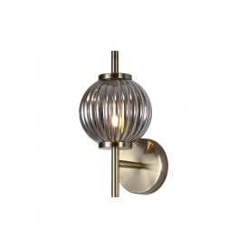 BEADED ribbed smoked glass globe wall light on antique brass fitting
