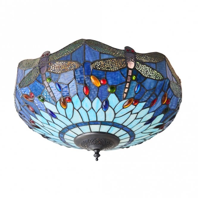 BLUE DRAGONFLY flush fitting Tiffany light for low ceilings