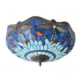 BLUE DRAGONFLY flush fitting Tiffany light for low ceilings