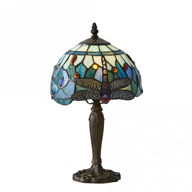 BLUE DRAGONFLY small table lamp with Tiffany glass shade