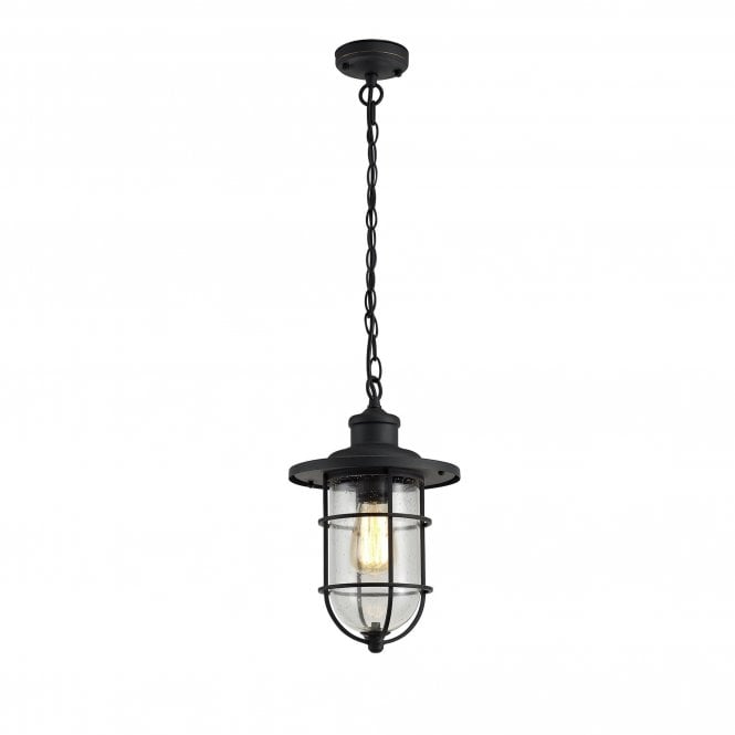 BLYTHE nautical style outdoor hanging chain pendant in black with gold highlights