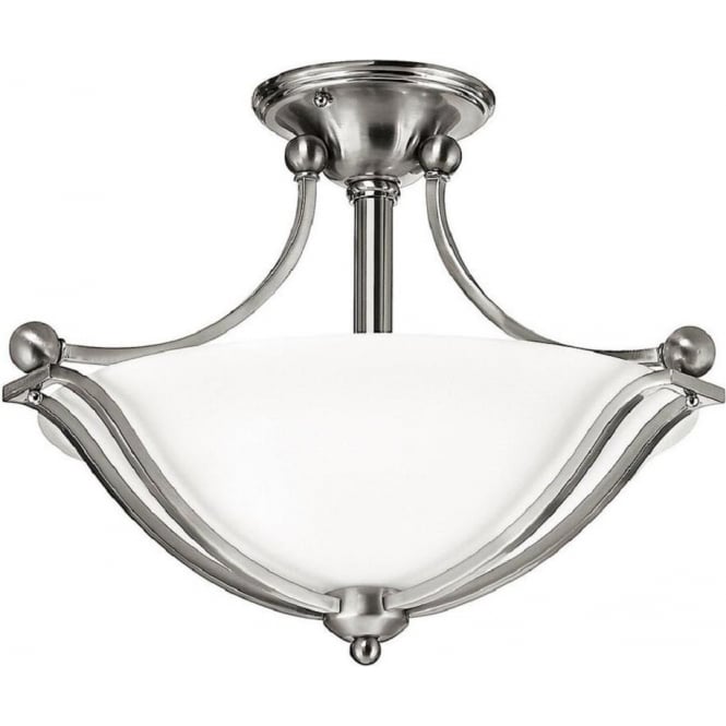 BOLLA semi-flush fitting nickel ceiling light with opal glass shade