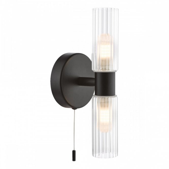 Bolton 2 Light Bathroom Wall Light in Matt Black with Ribbed Glass IP44