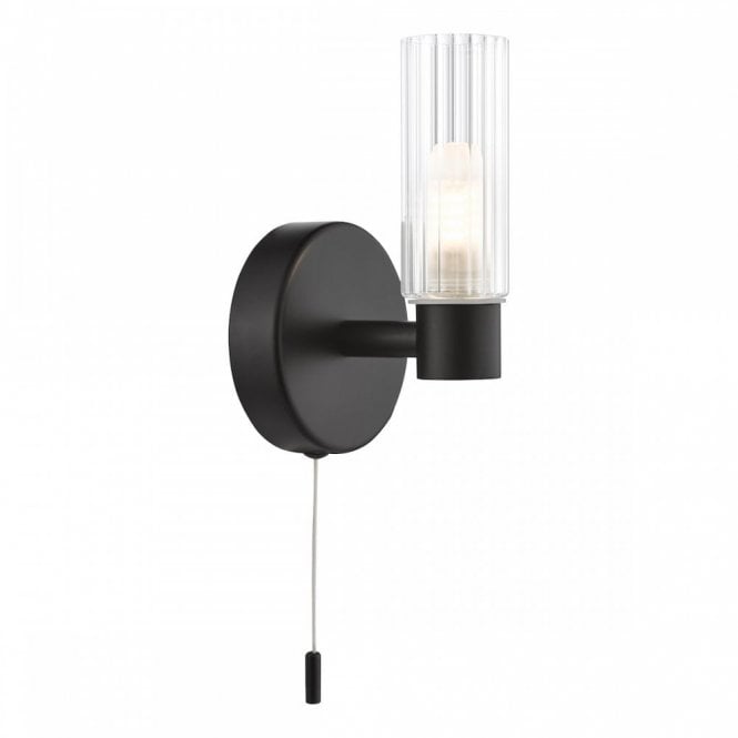 Bolton Bathroom Wall Light in Matt Black with Ribbed Glass IP44