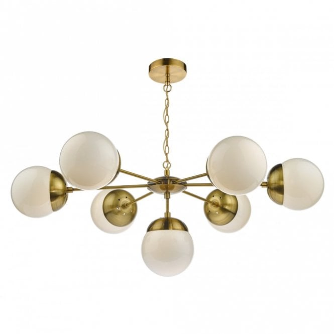 BOMBAZINE 7 light mid-century ceiling light with opal glass shades on brass fitting