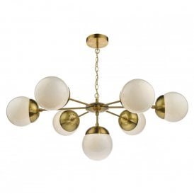 BOMBAZINE 7 light mid-century ceiling light with opal glass shades on brass fitting
