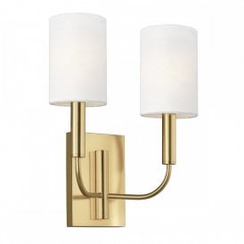 BRIANNA double burnished brass wall light with white linen shades
