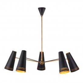 modern five arm, matt black chandelier with leather accents