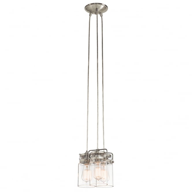 BRINLEY cluster pendant of 3 glass jar lights on nickel suspension