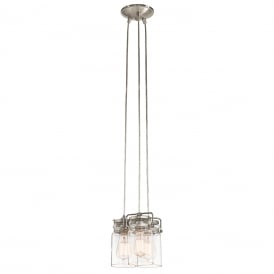 BRINLEY cluster pendant of 3 glass jar lights on nickel suspension