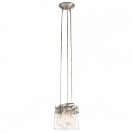 BRINLEY cluster pendant of 3 glass jar lights on nickel suspension