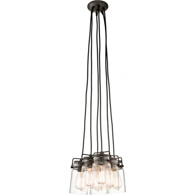 BRINLEY cluster pendant of 6 glass jar lights on bronze suspension