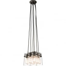 BRINLEY cluster pendant of 6 glass jar lights on bronze suspension