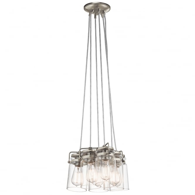 BRINLEY cluster pendant of 6 glass jar lights on nickel suspension