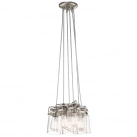 BRINLEY cluster pendant of 6 glass jar lights on nickel suspension