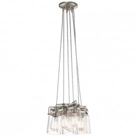 BRINLEY cluster pendant of 6 glass jar lights on nickel suspension