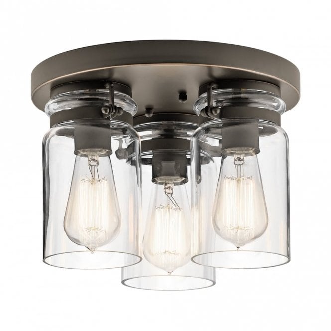BRINLEY flush fitting bronze ceiling light with glass jar shades
