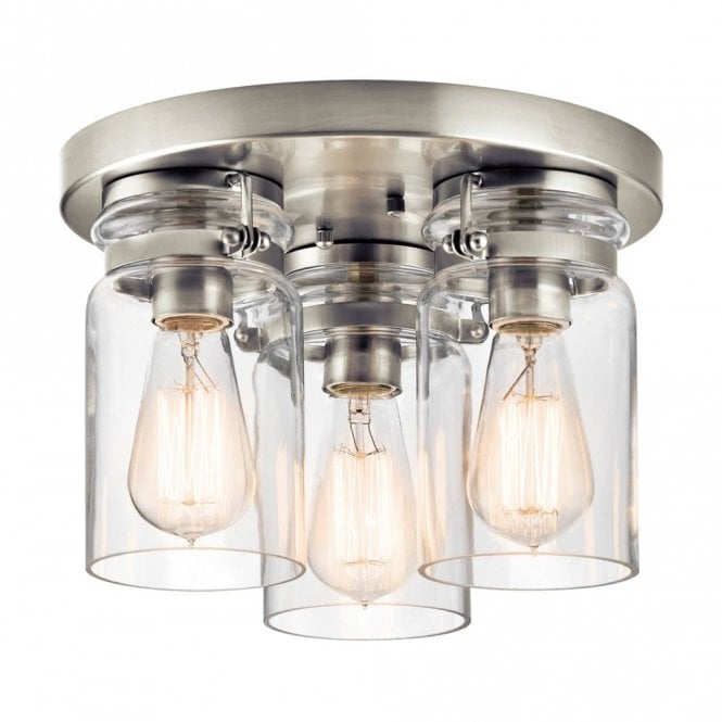 BRINLEY flush fitting brushed nickel ceiling light with glass jar shades