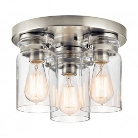 BRINLEY flush fitting brushed nickel ceiling light with glass jar shades