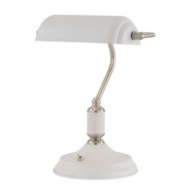 BROCK matt white bankers lamp desk light with satin nickel detailing