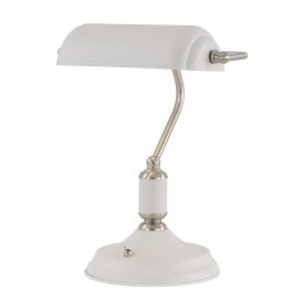 BROCK matt white bankers lamp desk light with satin nickel detailing