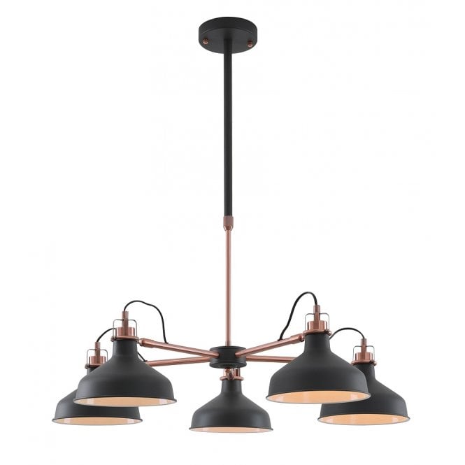 BROCK retro style Dark Graphite 5 arm ceiling light with copper detailing