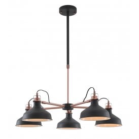 BROCK retro style Dark Graphite 5 arm ceiling light with copper detailing