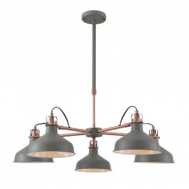 BROCK retro style matt grey 5 arm ceiling light with copper detailing