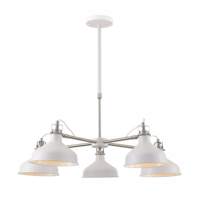 BROCK retro style matt white 5 arm ceiling light with satin nickel detailing