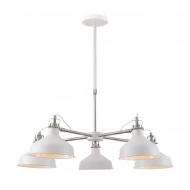 BROCK retro style matt white 5 arm ceiling light with satin nickel detailing