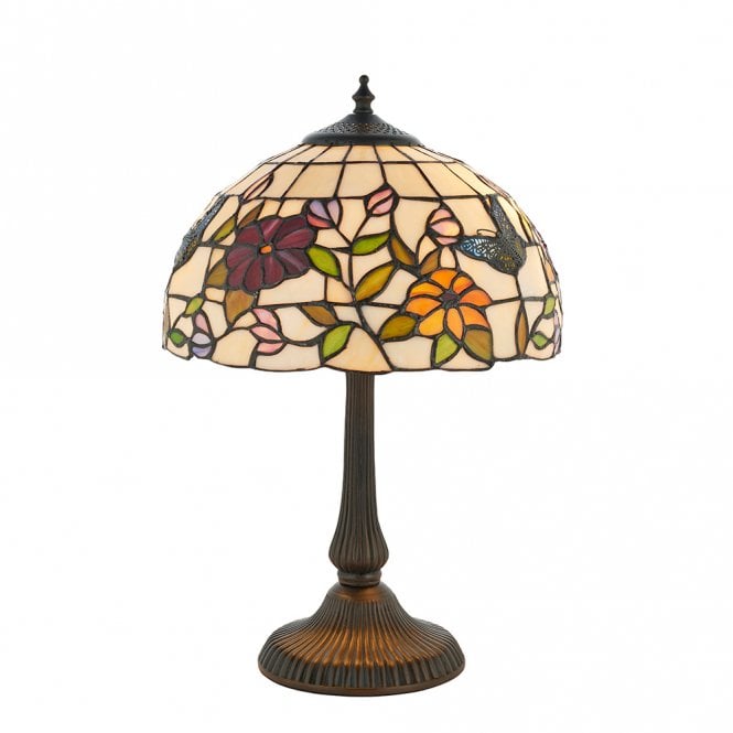 Small Tiffany Stained Glass Table Lamp with Butterflies and Flowers