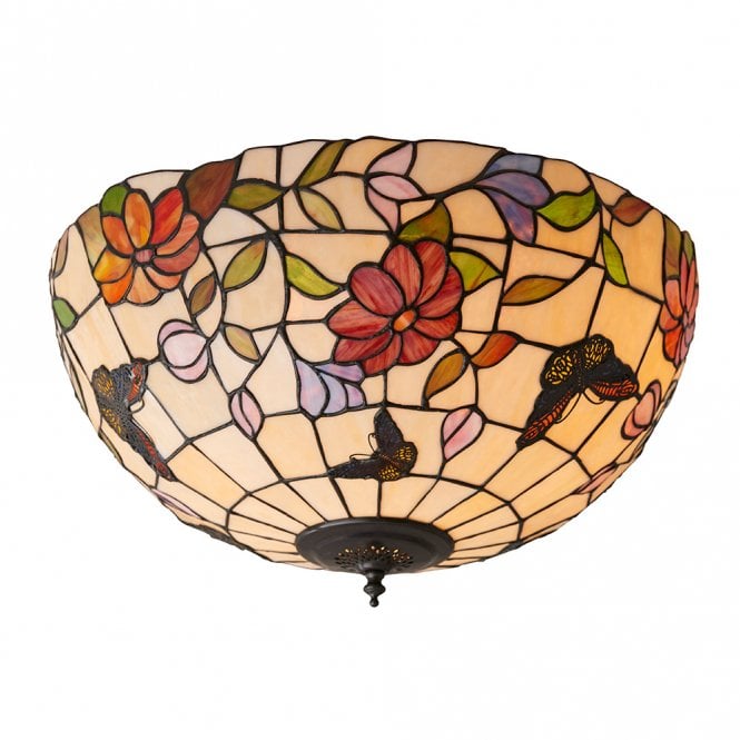 BUTTERFLY Tiffany flush fitting low ceiing light with colourful butterflies and flowers - large