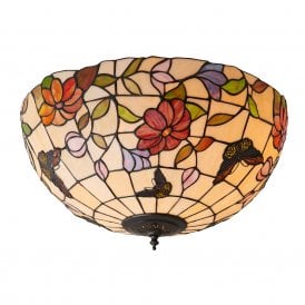 BUTTERFLY Tiffany flush fitting low ceiing light with colourful butterflies and flowers - large