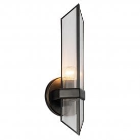 a modern wall light with ribbed glass panels and urban dark bronze finish