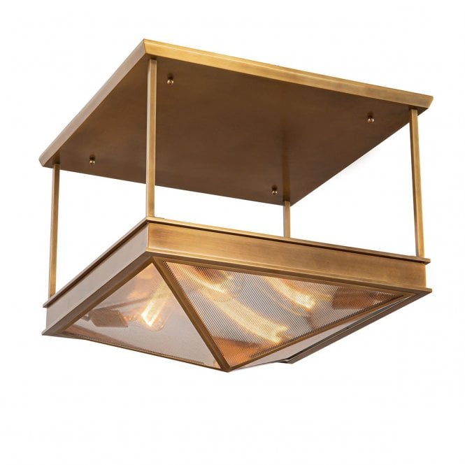 Cairo Vintage Brass Semi-Flush Ceiling Light With Ribbed Glass Shade