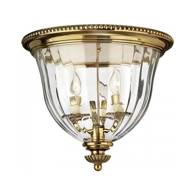 CAMBRIDGE flush mounted low ceiling light in solid brass with clear optic glass