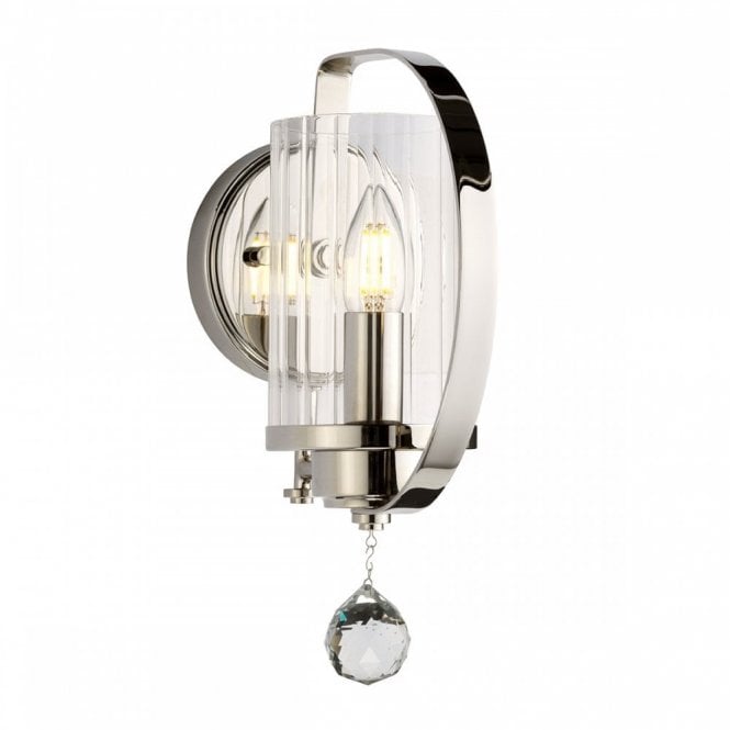 CASSIE single nickel wall light with glass shade and crystal droplet