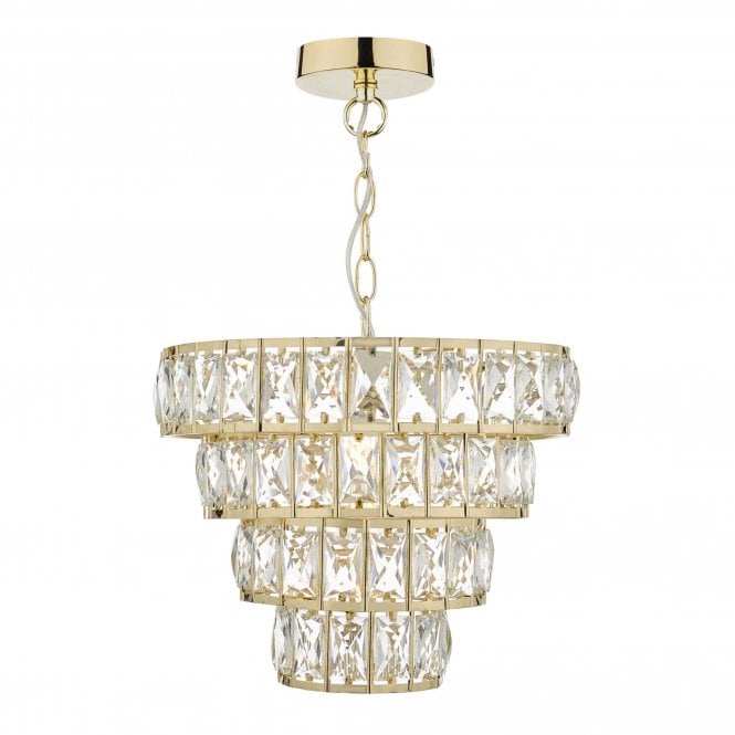 CERYS modern tiered chandelier in warm gold decorated with faceted crystal
