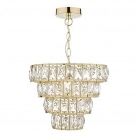 CERYS modern tiered chandelier in warm gold decorated with faceted crystal