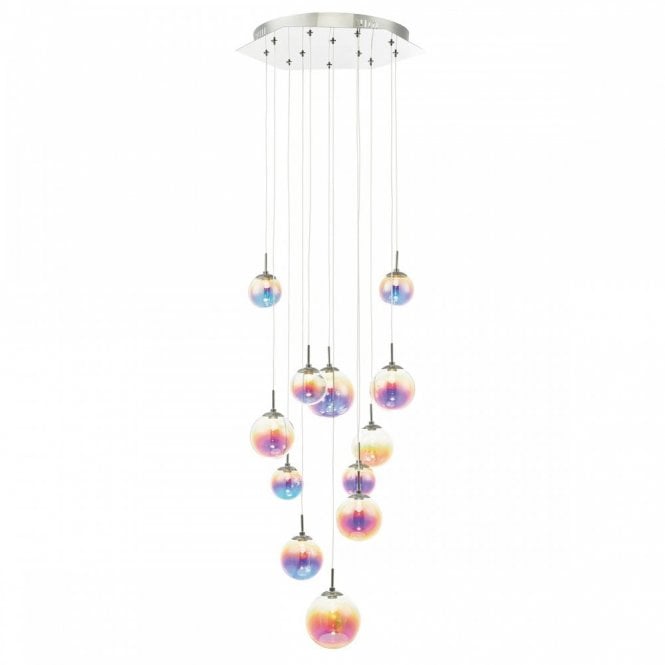 CESARIO 12 light ceiling cluster pendant with rainbow effect glass shades
