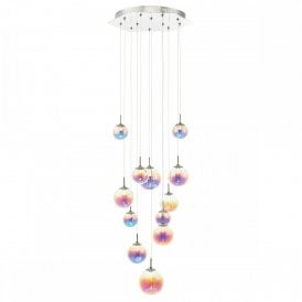 CESARIO 12 light ceiling cluster pendant with rainbow effect glass shades