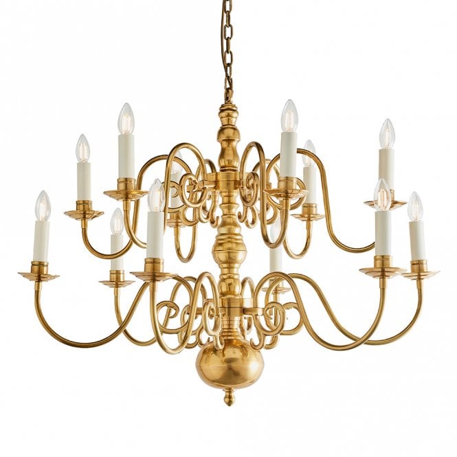 CHAMBERLAIN large 12 light classic Flemish style chandelier in mellow brass