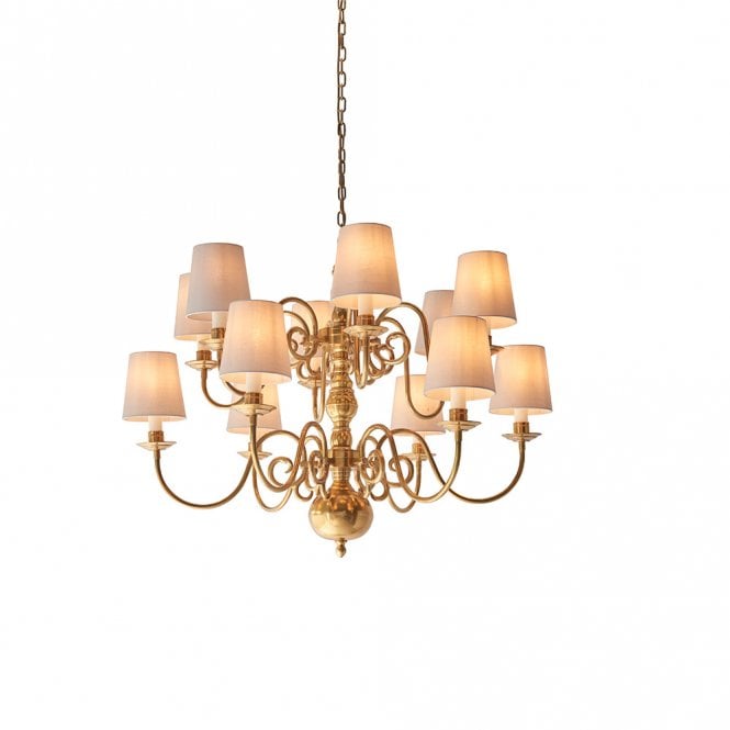 CHAMBERLAIN large 12 light Flemish style chandelier in mellow brass with marble white shades
