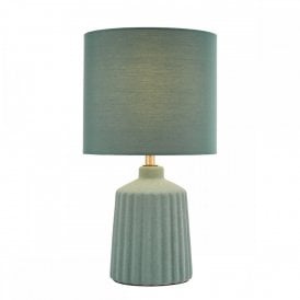 green table lamp with green cotton drum shade