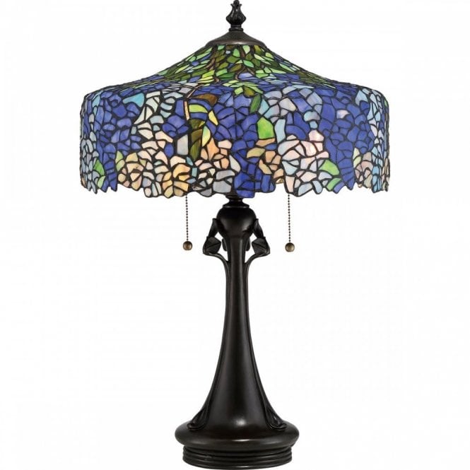 COBALT blue hydrangea Tiffany table lamp with bronze base