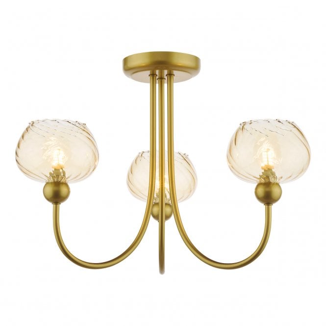 Cognac 3 Light Semi-Flush Satin Gold and Champagne Ribbed Glass