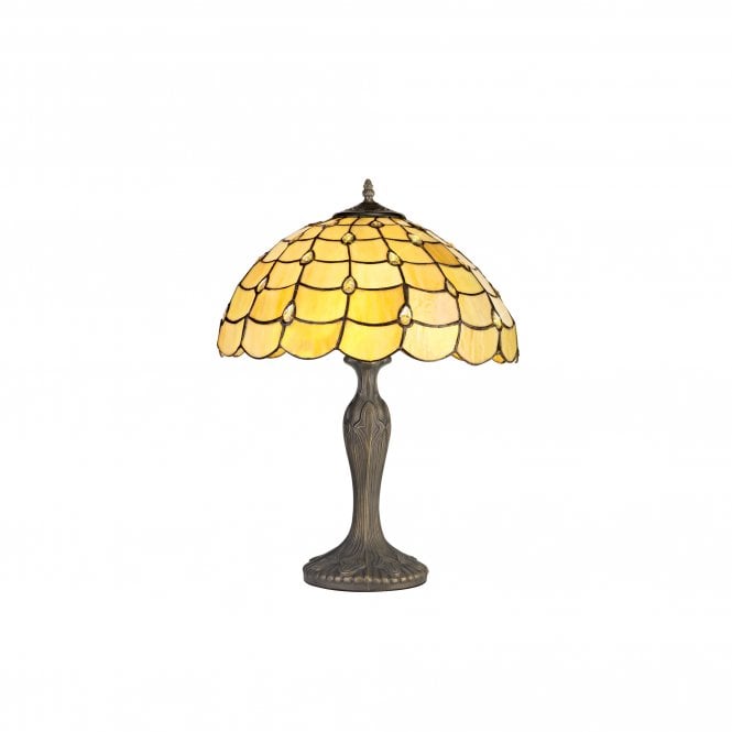 COLLETTE Tiffany 2 Light Curved Table Lamp 40cm Beige, Clear Crystal, Antique Brass
