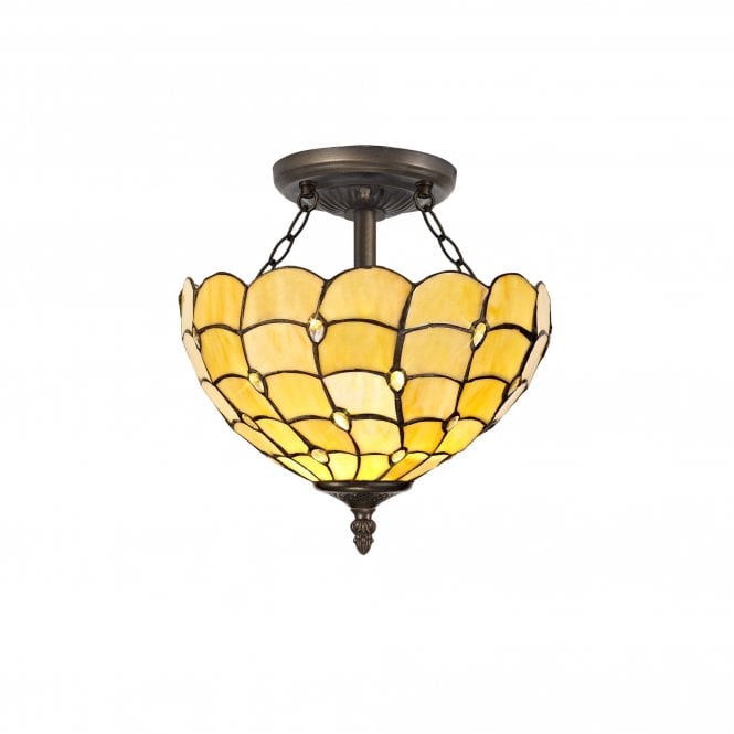 COLLETTE Tiffany 2 Light Semi-Flush Ceiling 30cm Tiffany Beige, Clear Crystal, Antique Brass